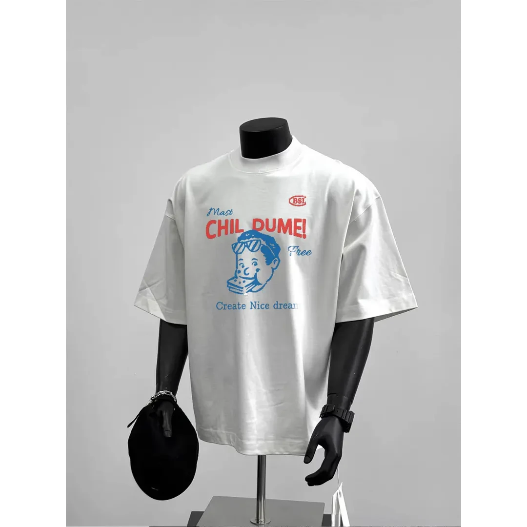 280G纯棉小领口百搭T恤美式复古高街小众卡通印花ins通勤夏季短袖