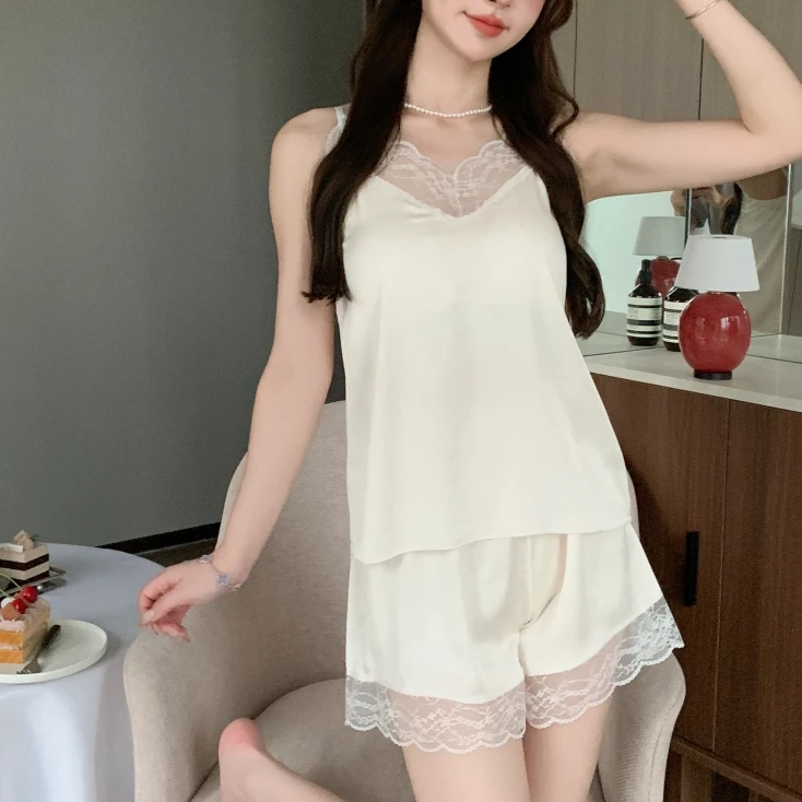 夏季带胸垫性感吊带睡衣薄款蕾丝冰雪丝年轻简约纯色年轻居家服套