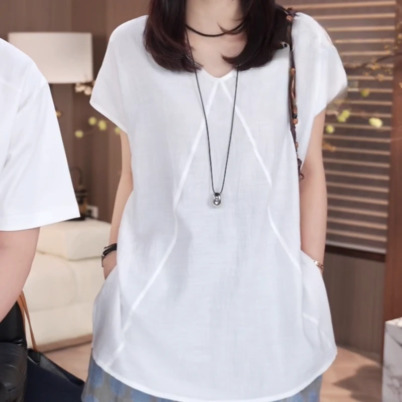 2025新款时尚夏季遮遮袖V领短袖显瘦百搭衬衫女LK2504468