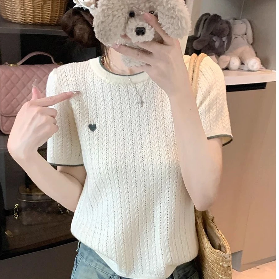 爱心刺绣针织短袖女2025夏季chic撞色圆领T恤学院风打底内搭上衣