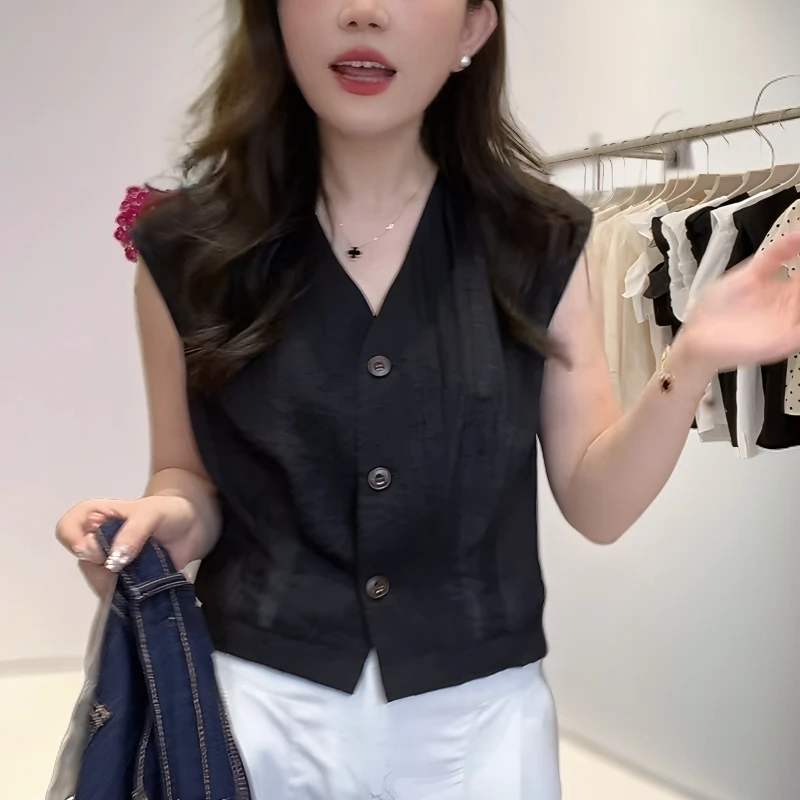 简约无袖气质小衫薄款纯色V领上衣时尚休闲修身纯色833