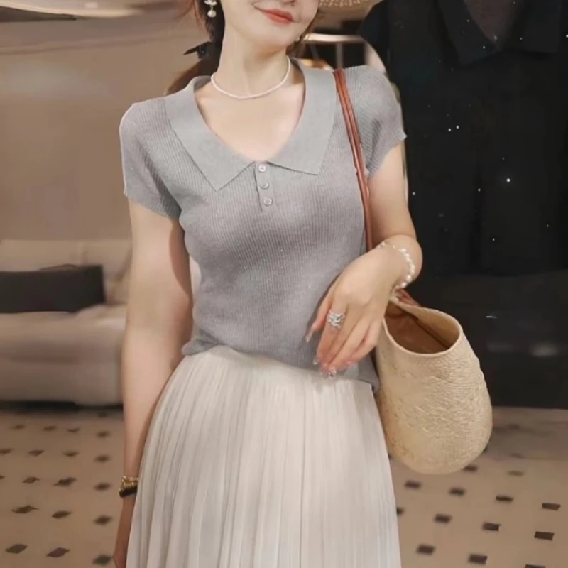 韩系简约坑条纹翻领修身正肩针织短袖女夏季新款时尚气质百搭上衣