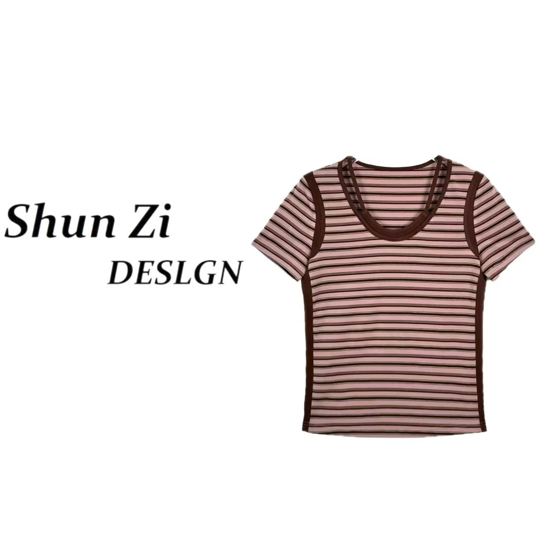 顺子/SZ7068 【莱塞尔】夏季时尚个性条纹拼接撞色修身舒适短袖T恤