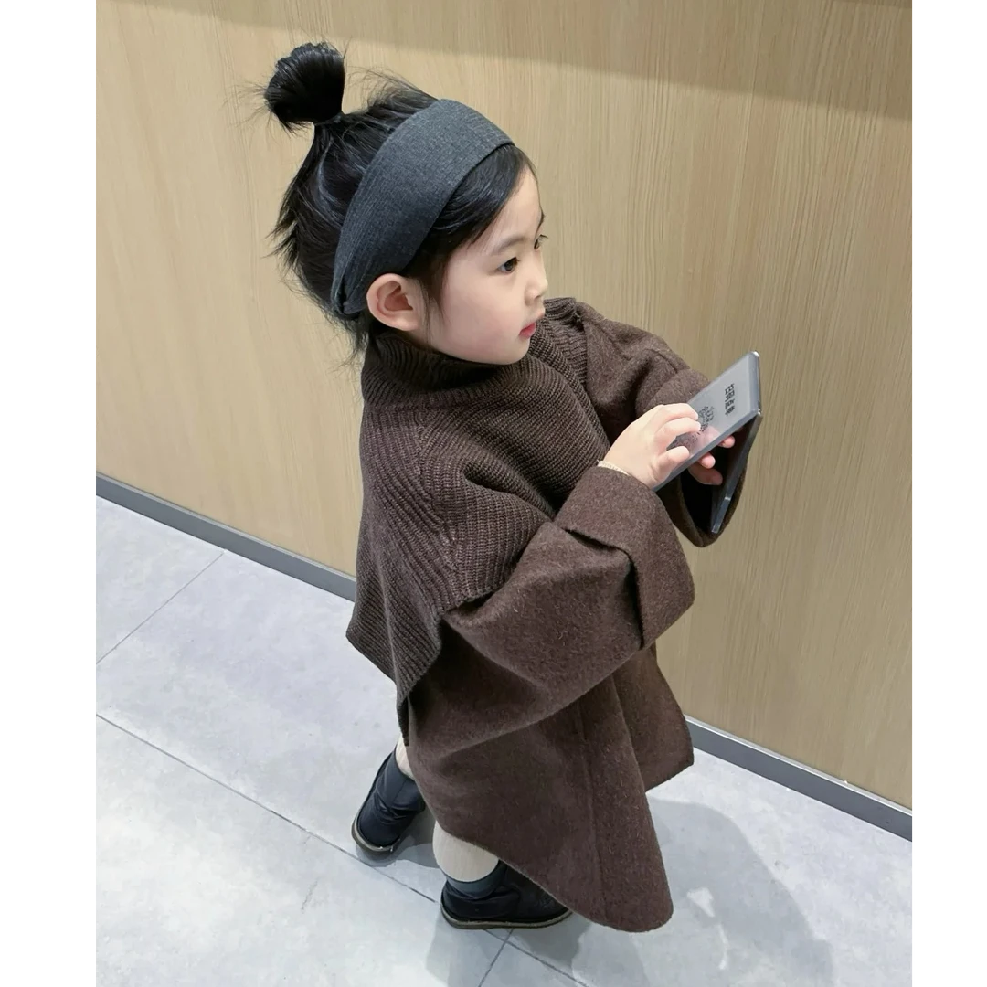 壹妈韩版童装女童双面呢大衣冬季洋气儿童时髦中长款棕色披肩外套