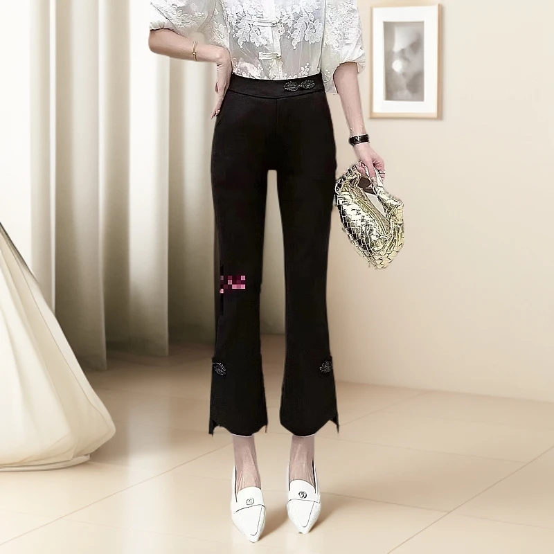 【慧姐】5006休闲裤高腰显瘦时尚夏季外穿黑色微喇叭阔腿女春夏