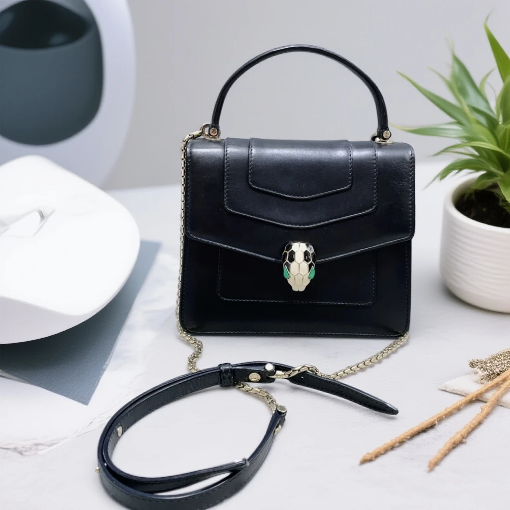 95新 BVLGARI/宝格丽  黑色蛇头链条包 1886 7216