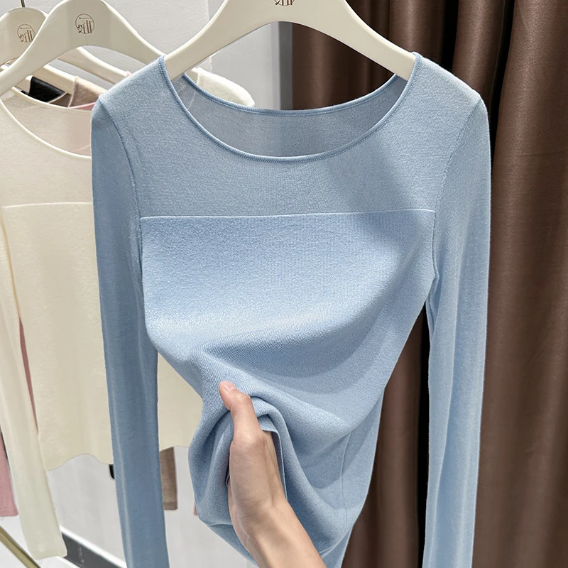 薄款蓝色小衫2025新款通勤上衣简约打底衫圆领套头长袖毛针织衫女
