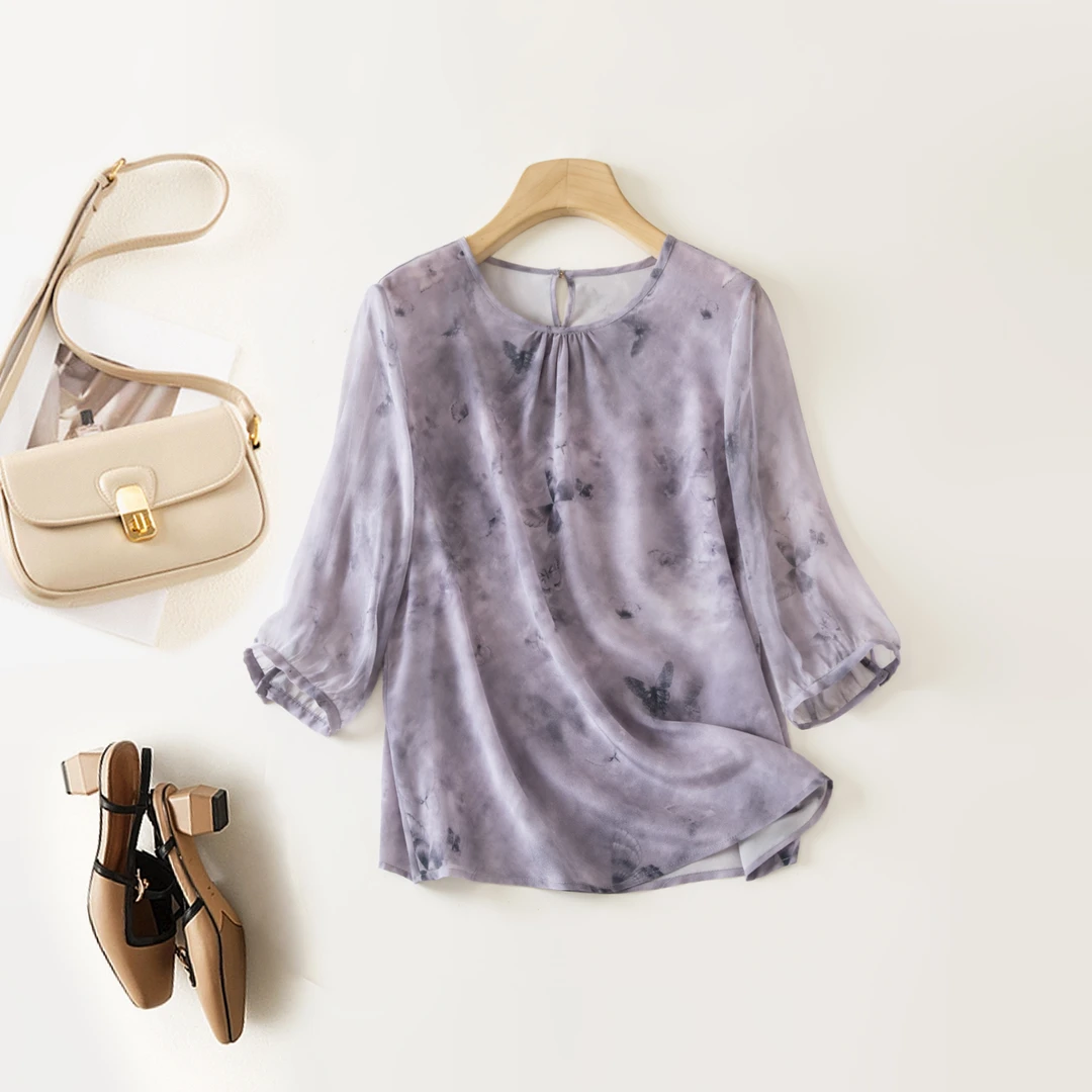 【100%桑蚕丝】温柔风 数兰朵真丝双绉印花透气宽松半袖上衣原创款