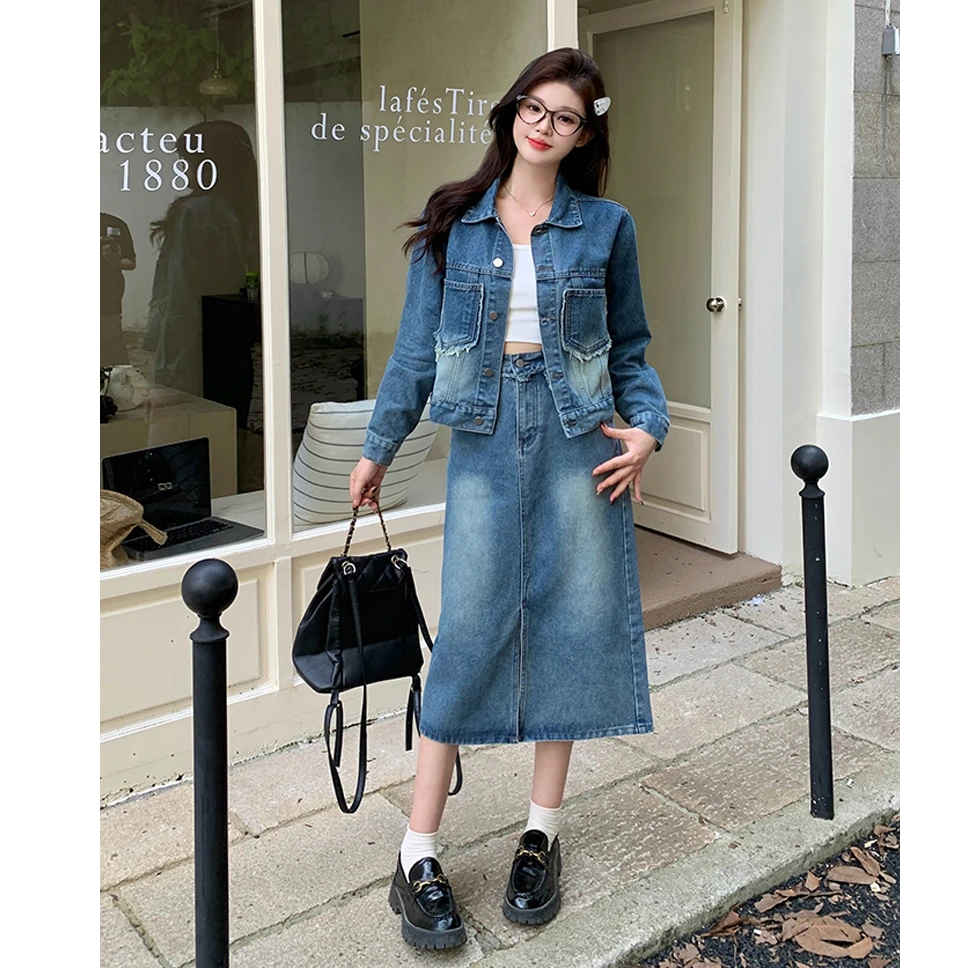 清大码2025春季新款牛仔外套半身裙时尚套装胖mm显瘦两件套65473