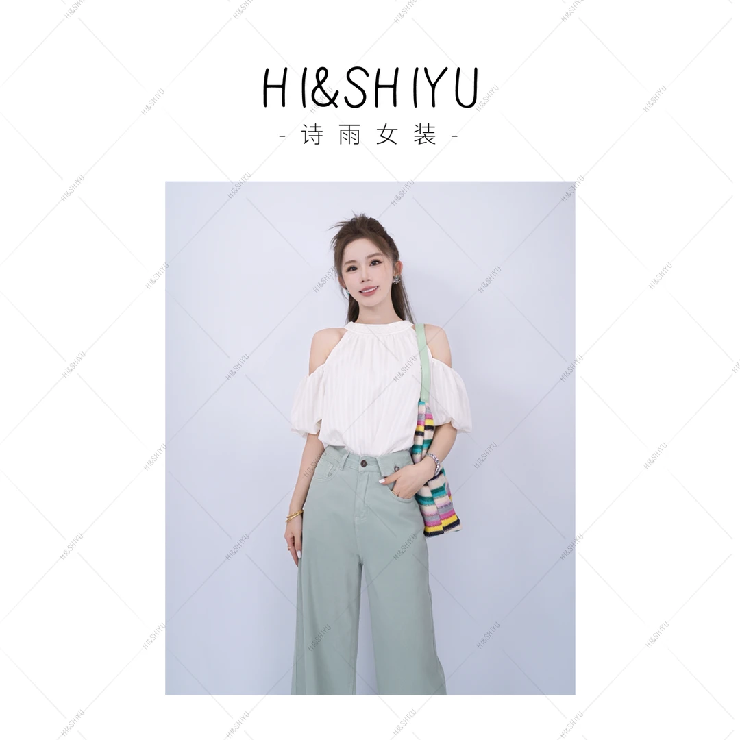 现货诗雨设计【白茉莉】24气质时尚挂脖蝴蝶结系带挖肩上衣女5071