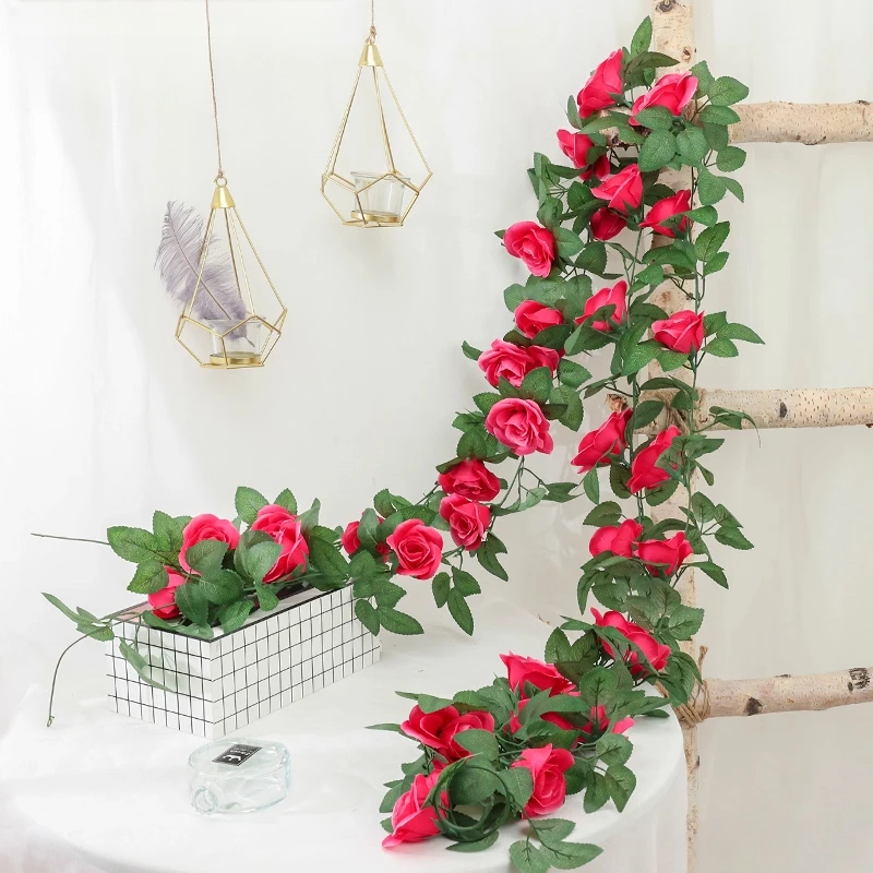 仿真玫瑰假花藤条蔓壁挂空调水管道遮挡装饰客厅吊顶塑料植物花朵