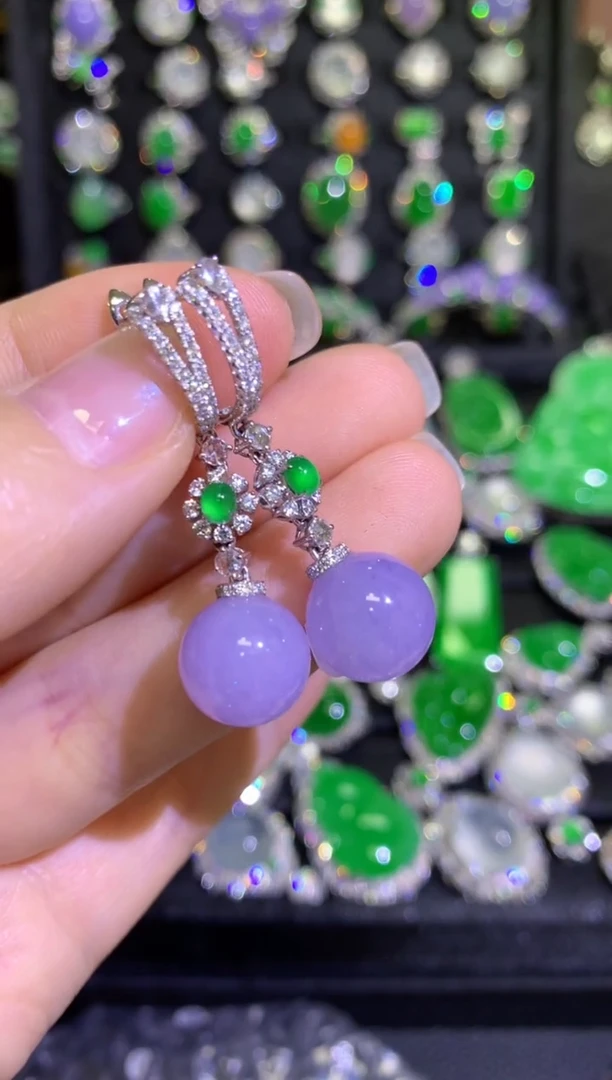 【闪购商品】翡翠耳饰18K金镶嵌高冰紫罗兰圆珠耳坠