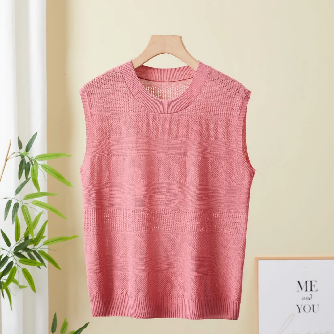 濮天女装毛针织衫圆领亚麻套头背心温婉大方衣服镂空宽松无袖5206