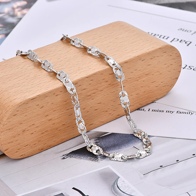 坠链均925银 S925纯银素款椭圆车花猪鼻8字链亮片项链