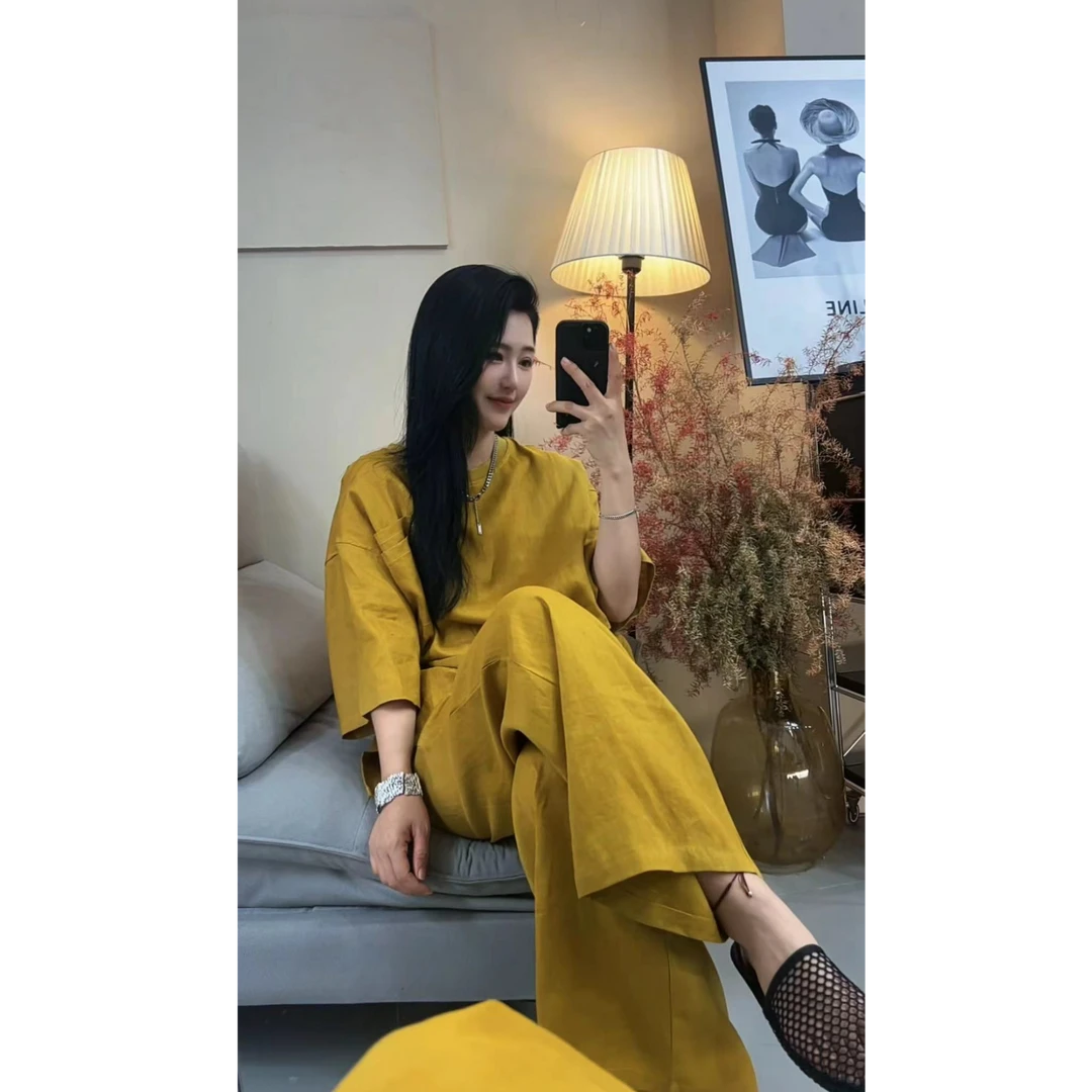 2025年夏季新款纯色高级感套装女简约遮肉上衣阔腿裤两件套