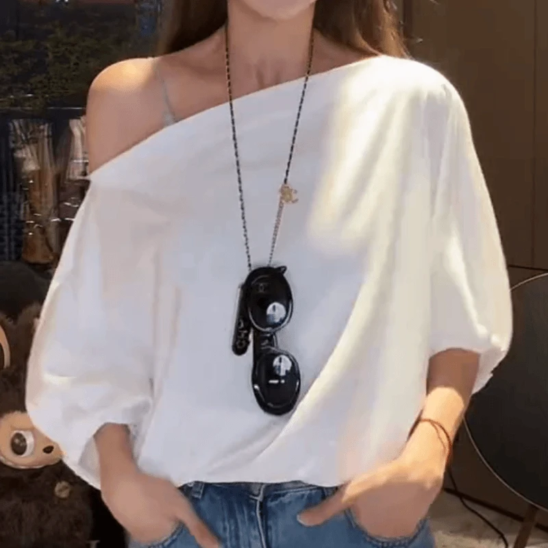 设计感泡泡袖斜肩短袖T恤女2025夏季新款休闲百搭纯欲纯色上衣潮