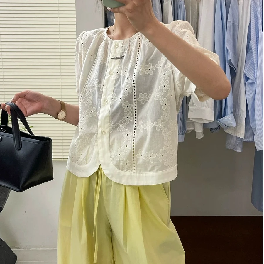 8A52圆领宽松型短袖直筒型衬衫外套薄款法式小香风气质小众