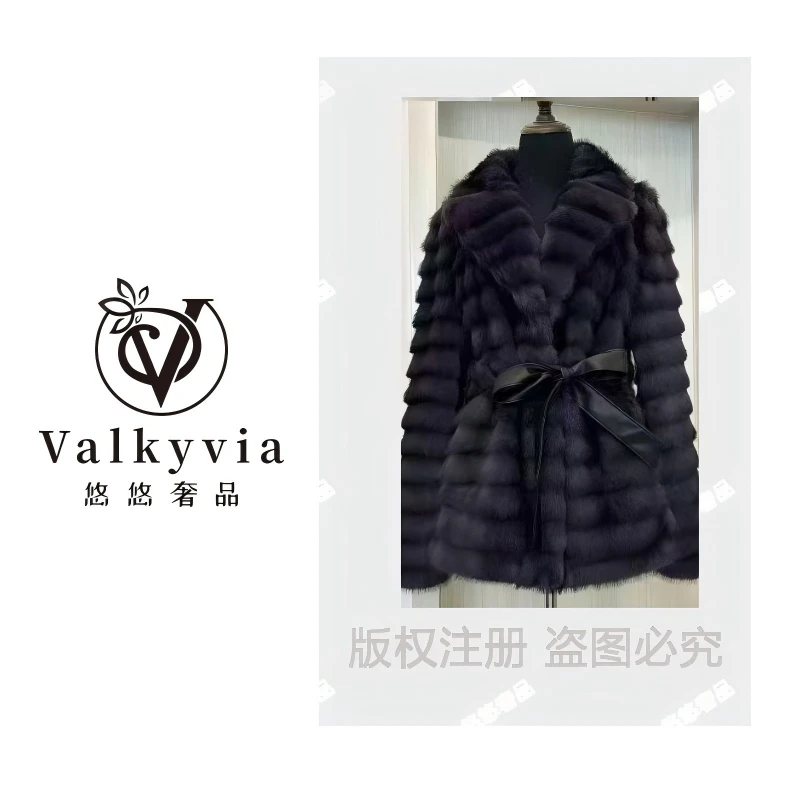 【Valkyvia/悠悠奢品】系带女翻领长袖皮大衣毛领-003