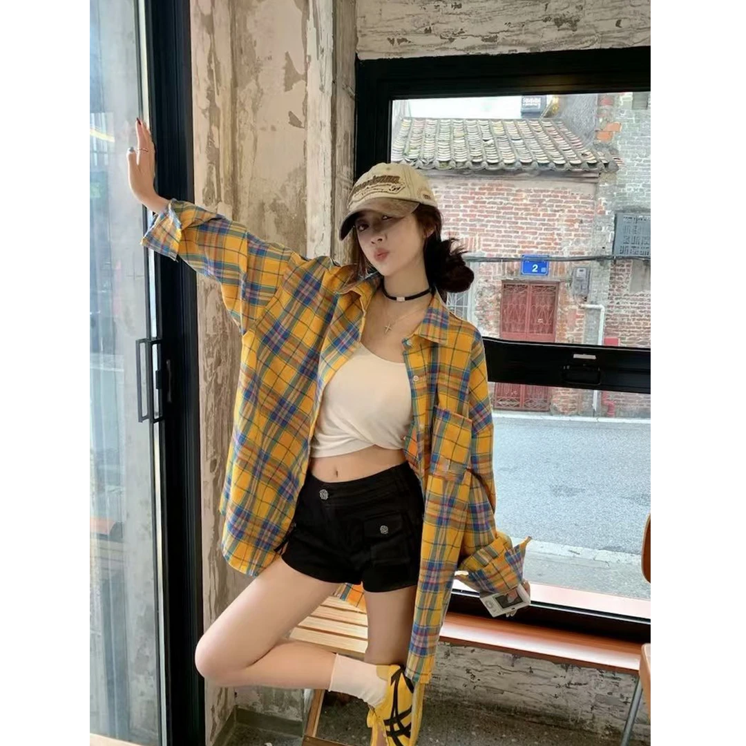 “明媚秋日”格子长袖衬衫宽松秋季新款百搭时尚网红休闲韩版长款