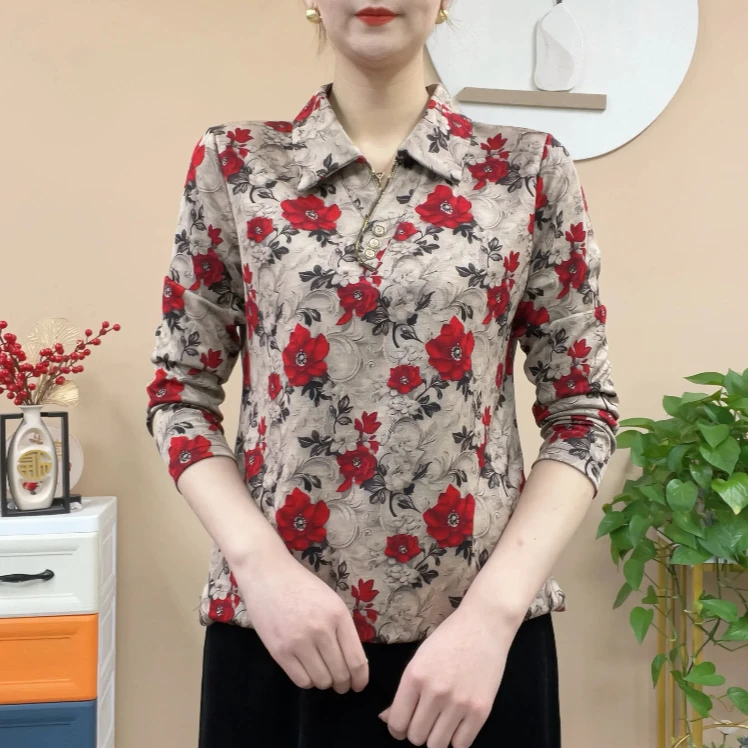 气质中老年女装翻领适中长袖小衫洋气女装中老年春季衬衫时尚