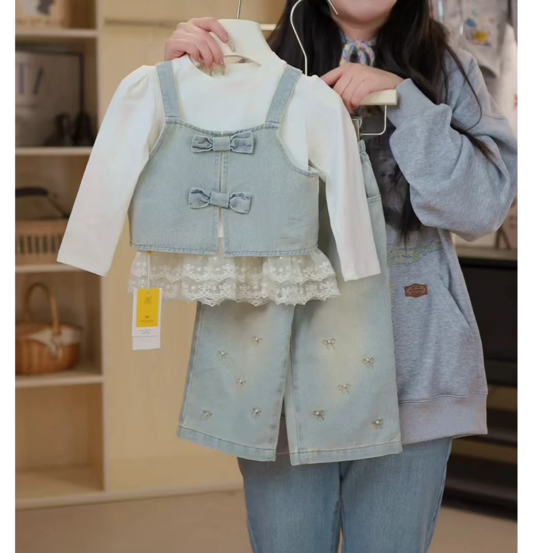 2025春秋款女童牛仔复古蕾丝花边三件套时尚洋气休闲