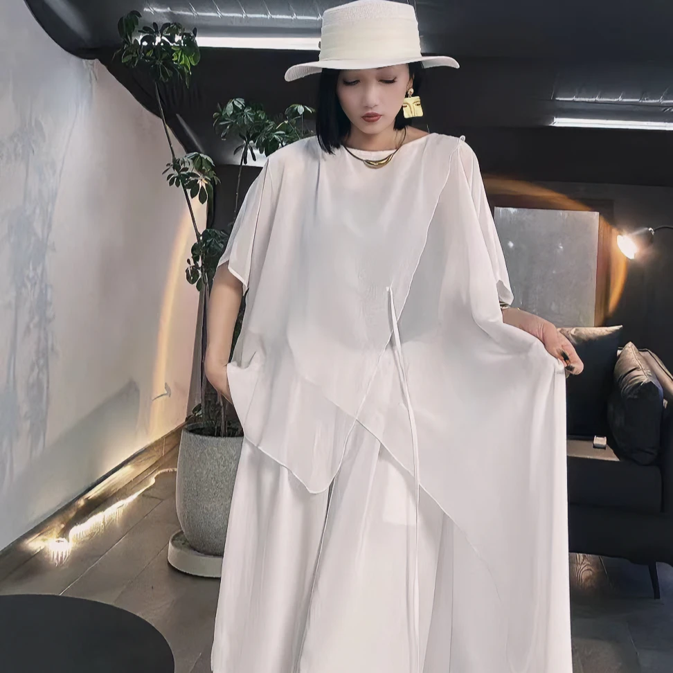 2025夏季新款双开叉不规则上衣女气质时尚宽松休闲轻薄系带衬衫裙