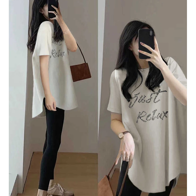 宽松中长款T恤时尚大码韩版外穿短袖百搭圆领打底上衣女生短款