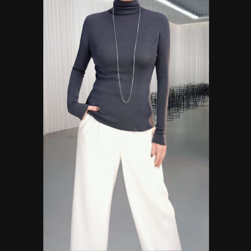 精纺超细100绵羊毛德国扬子纱高领长袖针织上衣C8947