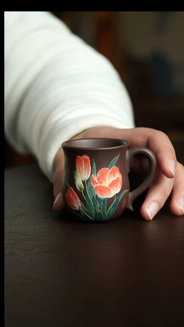 茶杯紫砂26号 郁金香把杯 宜兴紫砂原矿作品