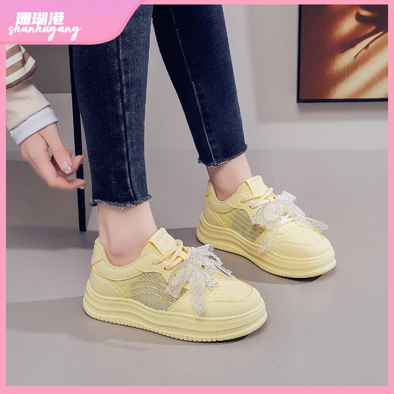 珊瑚港春夏季透气网面时尚潮流女鞋小白鞋蝴蝶结增高舒适百搭低帮