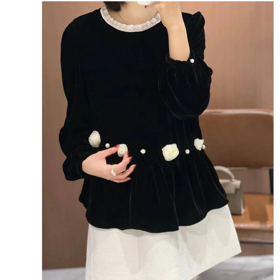 GZ3739真丝桑蚕丝丝绒长袖花瓣上衣女士小香风黑色