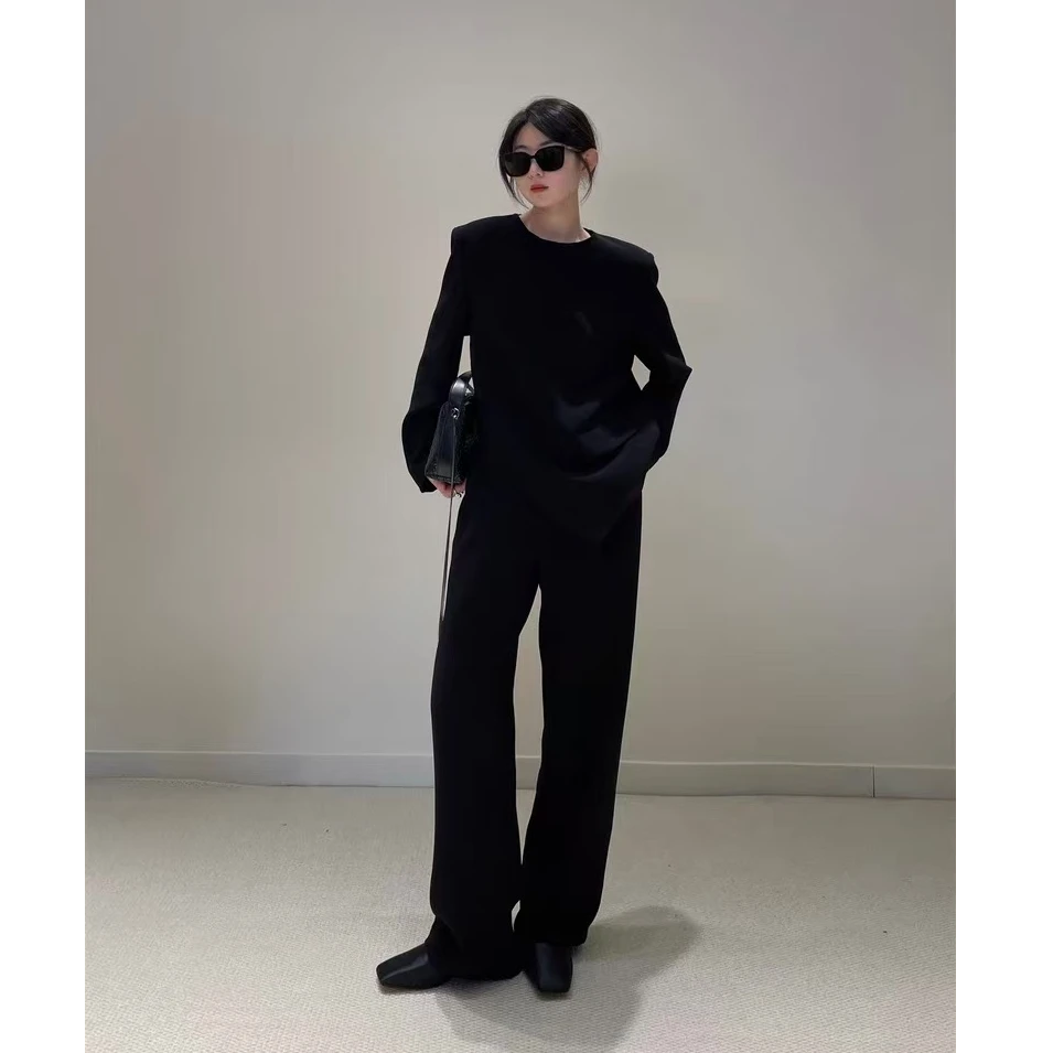 2025秋季新款不规则斜摆上衣休闲裤两件套设计感宽松时尚套装女