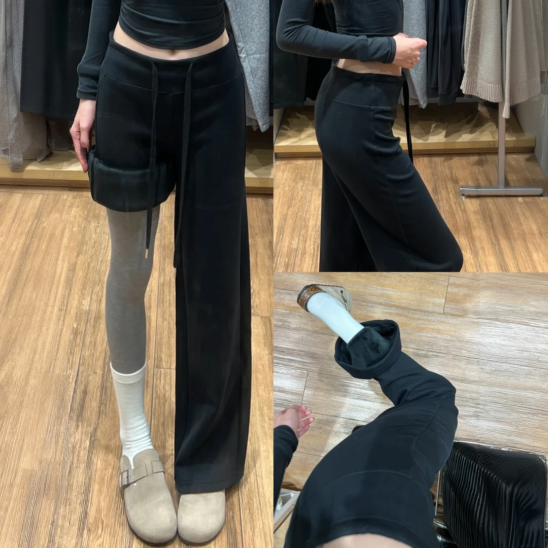 黑色加绒直筒裤女秋冬季2025新款窄版显瘦垂感阔腿裤高腰运动卫裤