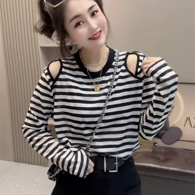 黑白条纹圆领长袖防晒T恤女夏季薄款小众设计内搭洋气百搭上衣