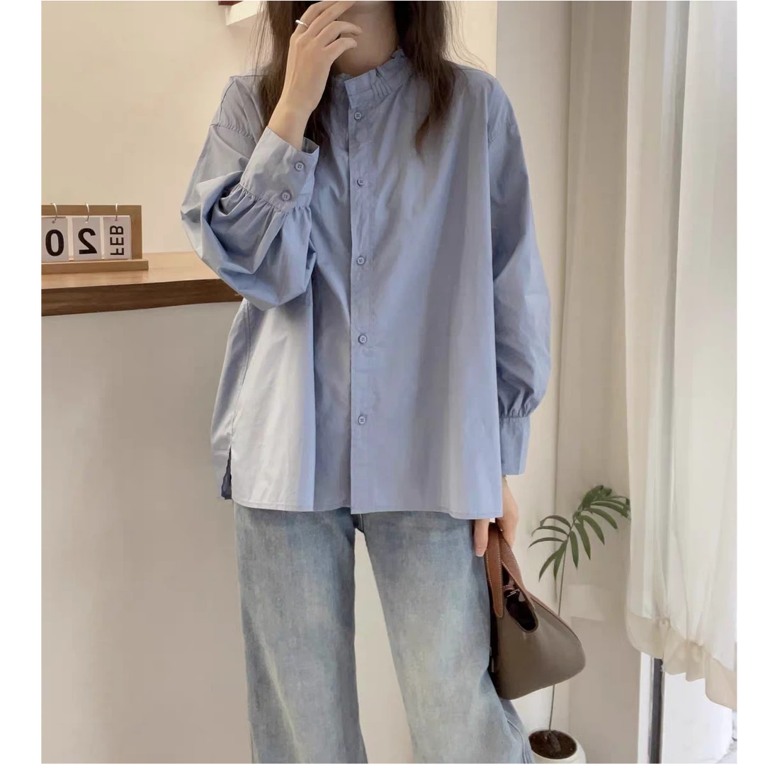 欧洲站2025秋季新款圆领慵懒风长袖衬衫女宽松衬衣纯色女上衣百搭