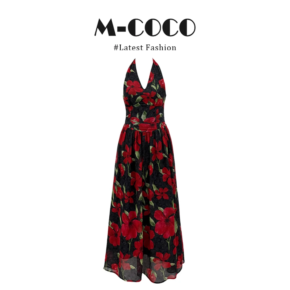 MARIE.COCO法式浪漫度假风玫瑰碎花挂脖吊带连衣裙女收腰沙滩长裙