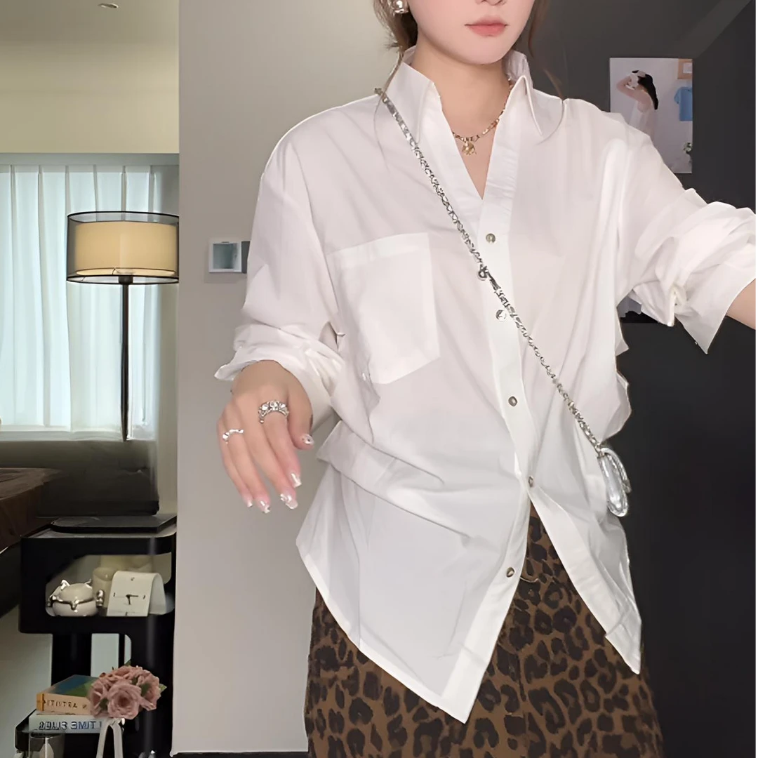 宽松polo领白色长袖衬衫女装秋季小众衬衣韩系慵懒松弛感开衫上衣