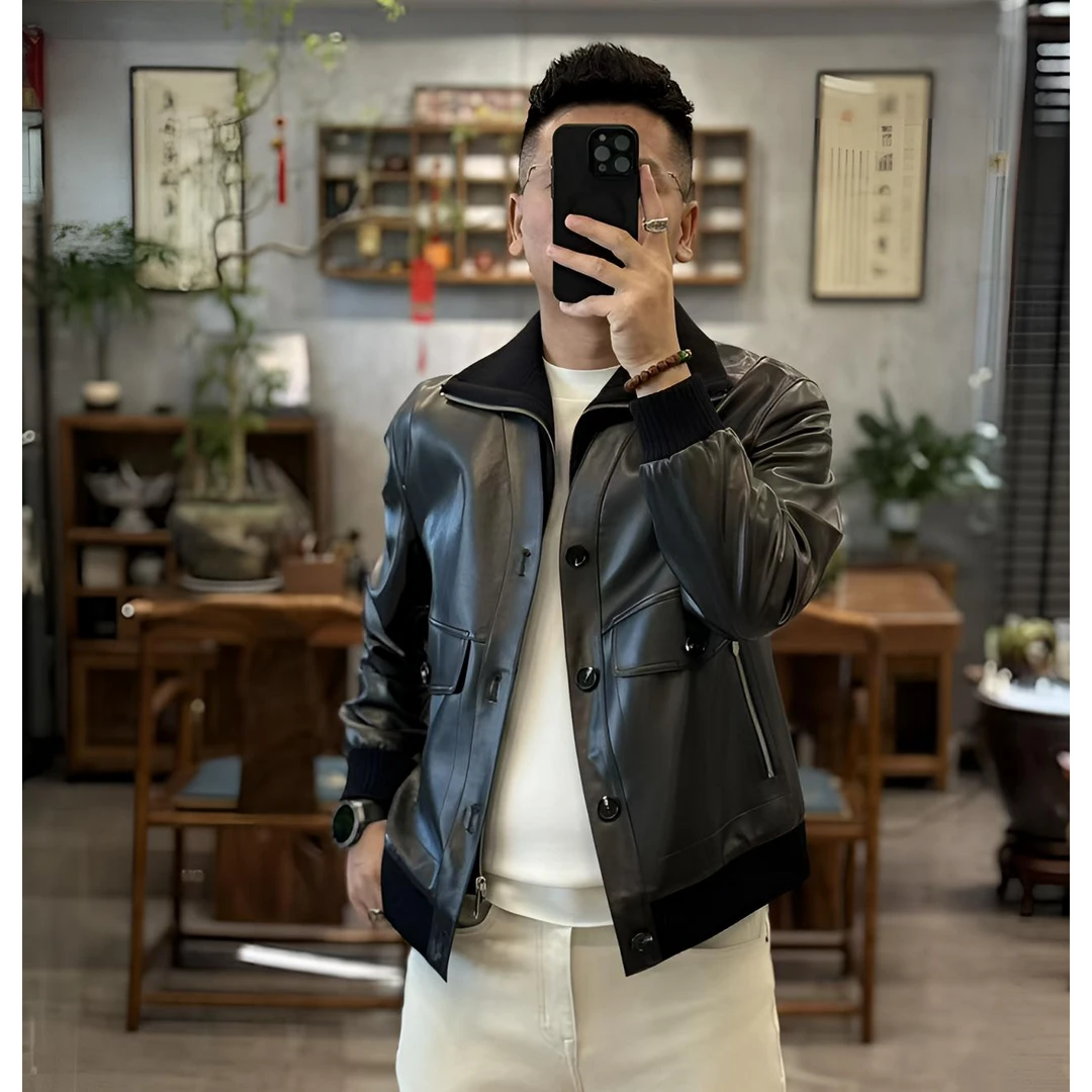 25017欧货秋季高奢款假两件针织领可拆卸男士皮衣外套