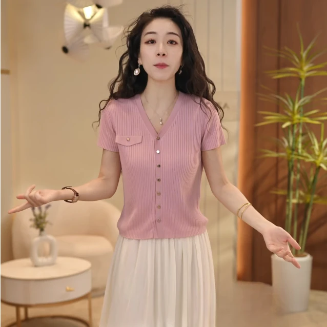 V领定制4】单排扣针织短袖女夏季透气上衣