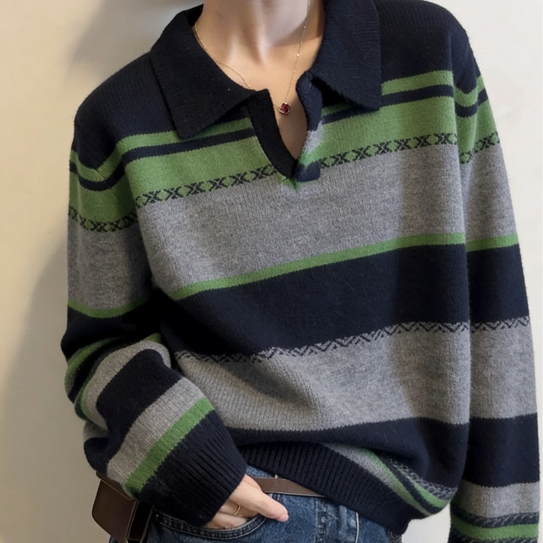 韩版撞色条纹polo领毛衣针织衫秋冬季新款女松弛感休闲毛衣女Q72