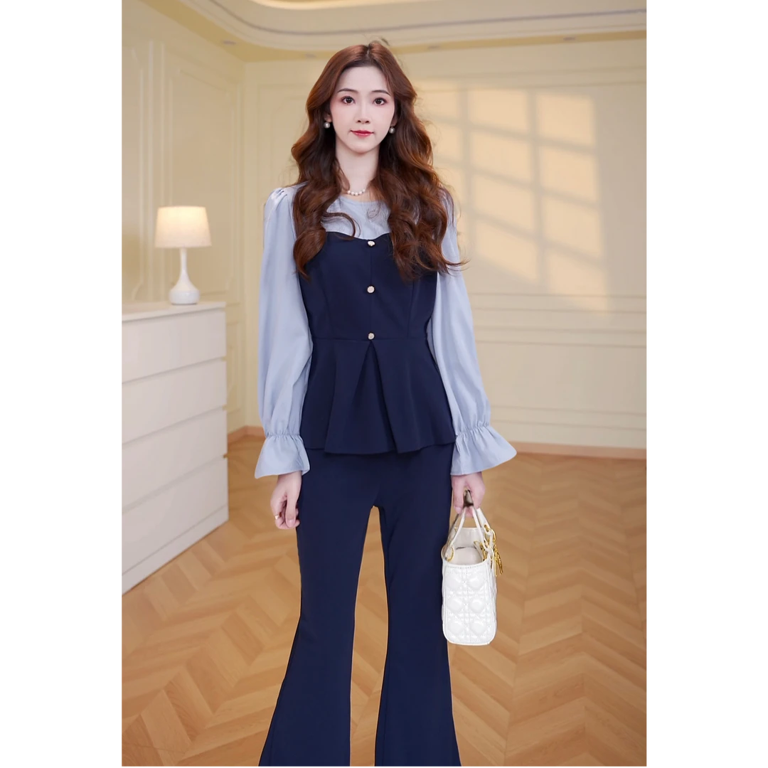 【南油四姐】【两件套】女装高级感小香风拼色上衣裤子套装女D3547
