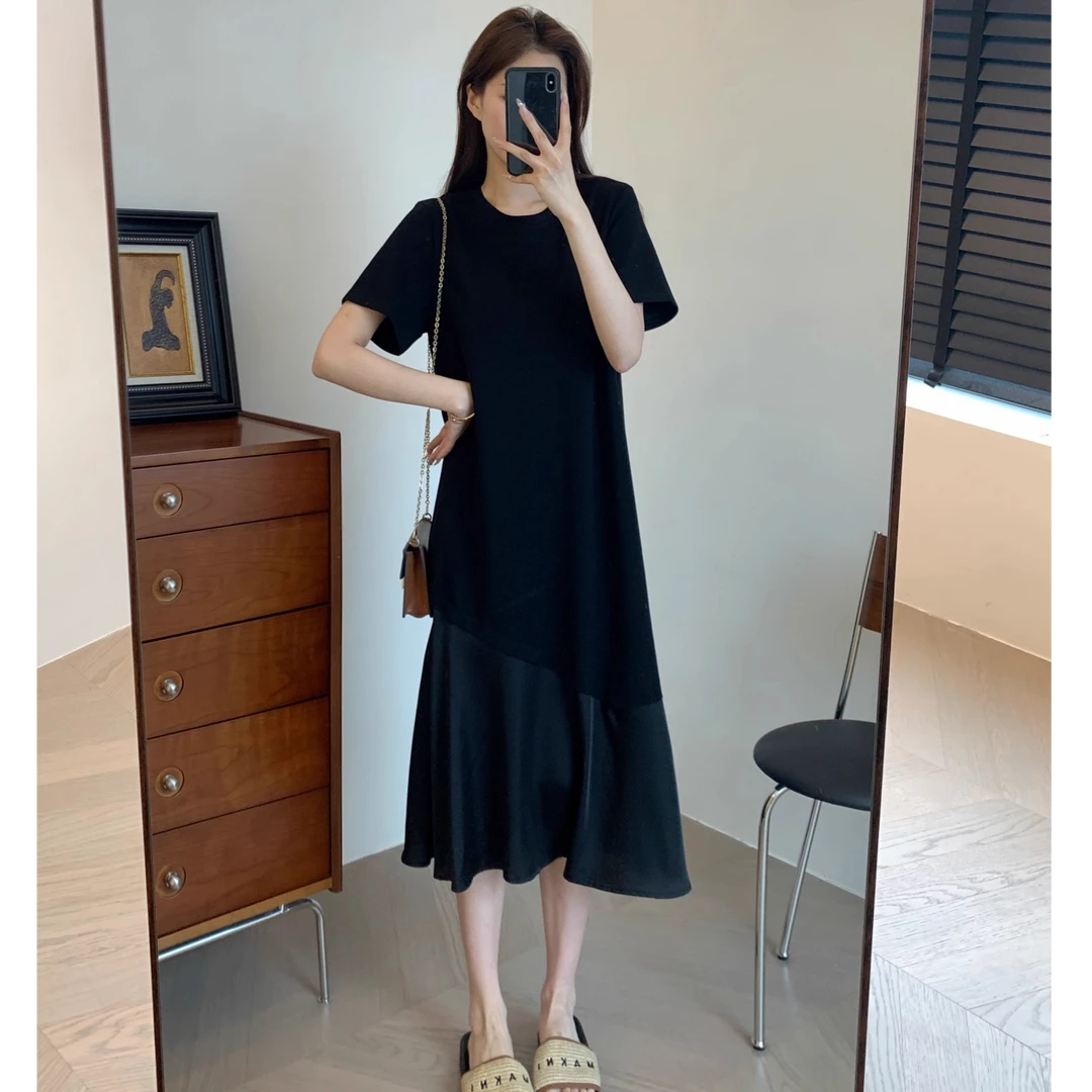 黑色法式赫本风拼接鱼尾裙连衣裙女夏2025新款减龄洋气时尚T恤裙