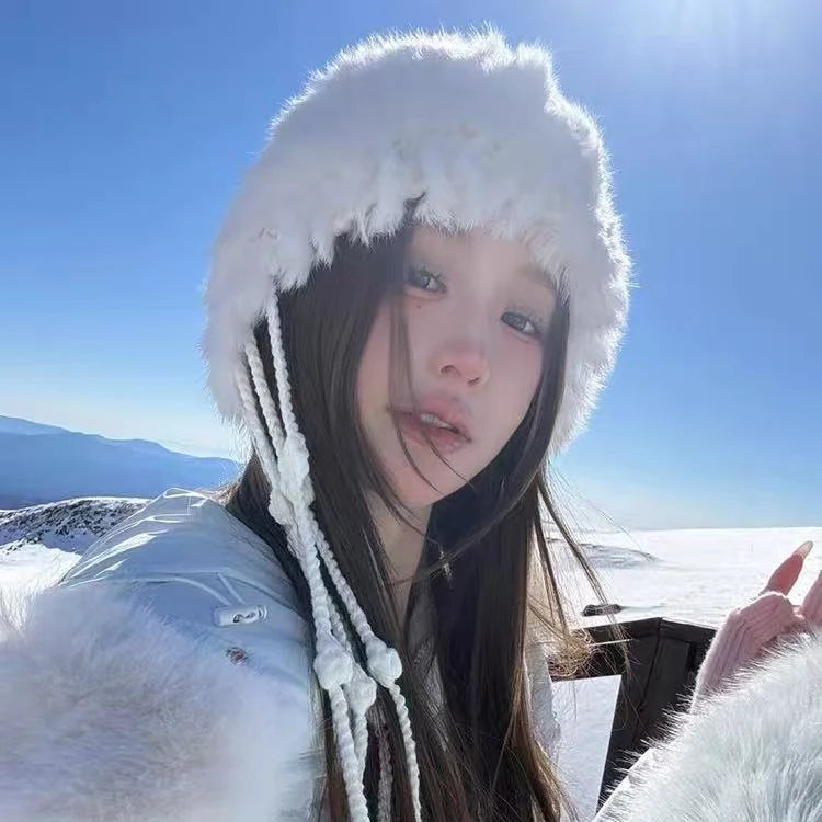 兔毛针织毛绒帽子女冬季韩版显脸小护耳帽加厚保暖流苏套头雷锋帽