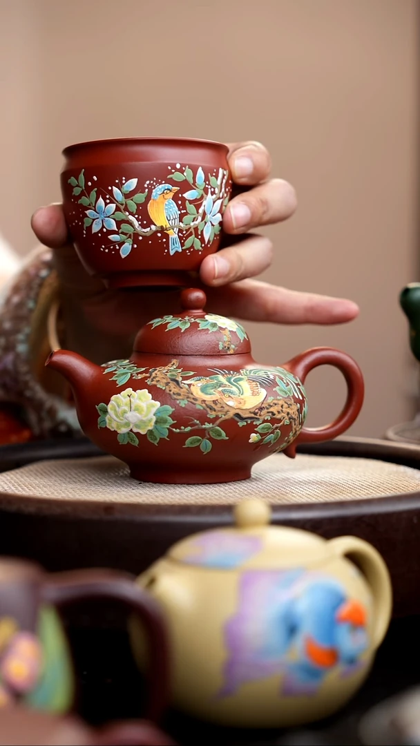 茶壶紫砂大红袍华颖泥绘双鸟+杯
