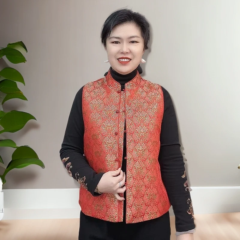 小兰国风新款复古云锦缎织花上衣【AB面马夹】时尚侧开叉百搭马甲