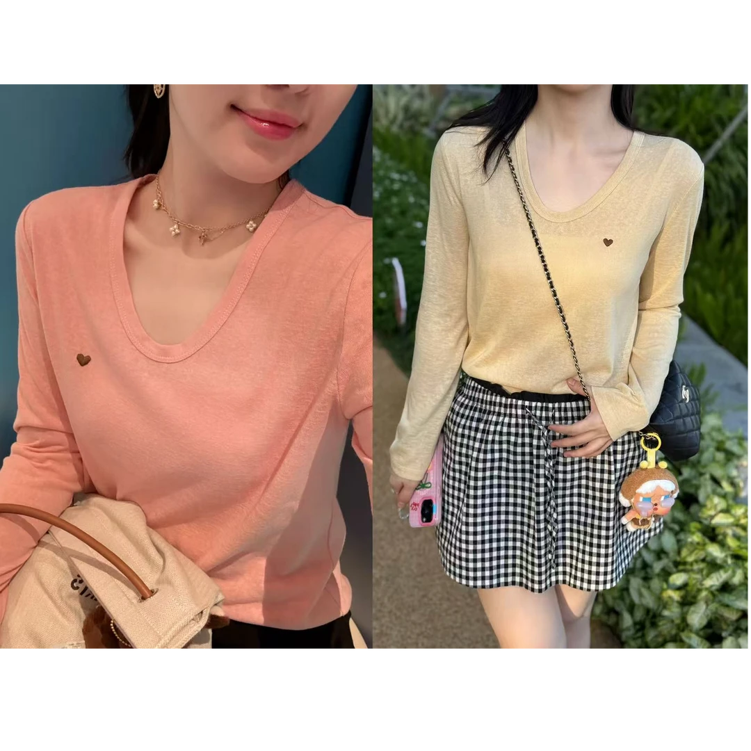 ARMS WELL王囡囡 粉/黄色爱心v领长袖T恤 L122