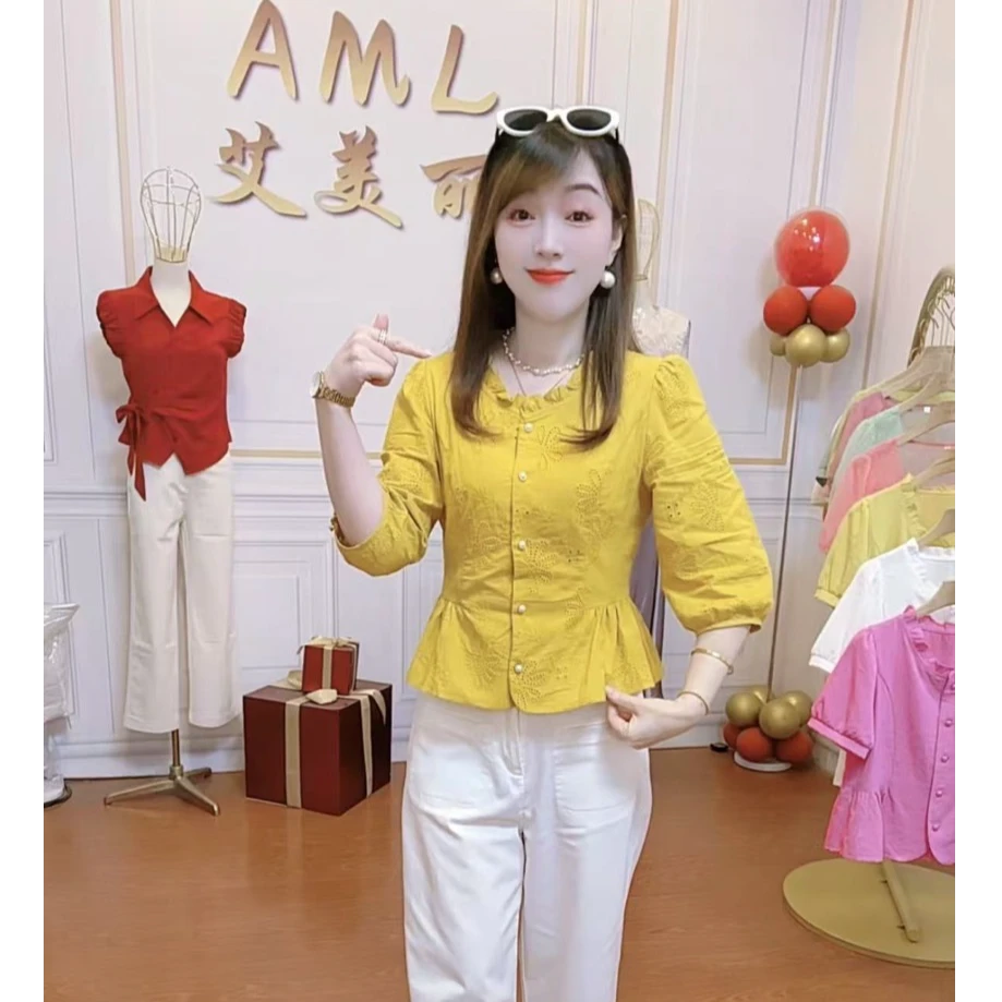 AML5 木耳花边领早秋新款镂空提花甜美时尚遮肚显瘦短款气质衬衫