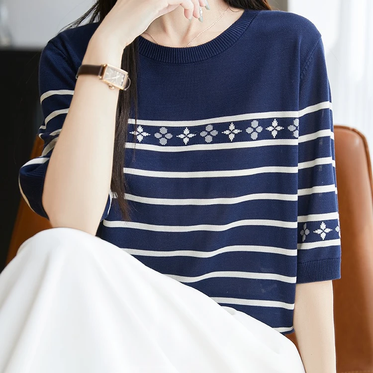 新款上新 圆领条纹精纺羊毛短袖 夏季新款撞色短袖T恤355