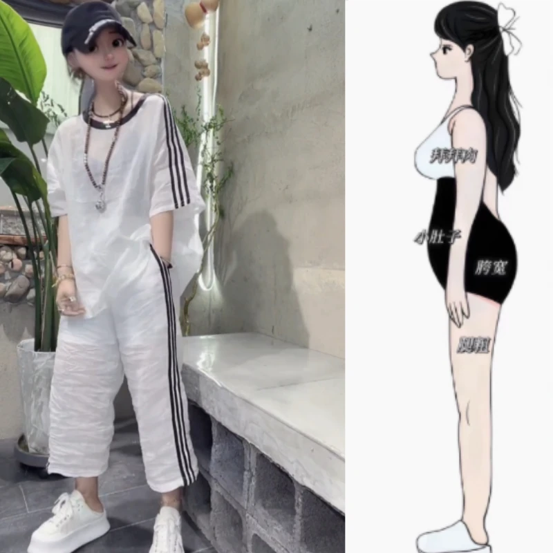 盐系港风撞色拼接早秋薄款宽松显瘦时尚短袖九分阔腿裤休闲两件套