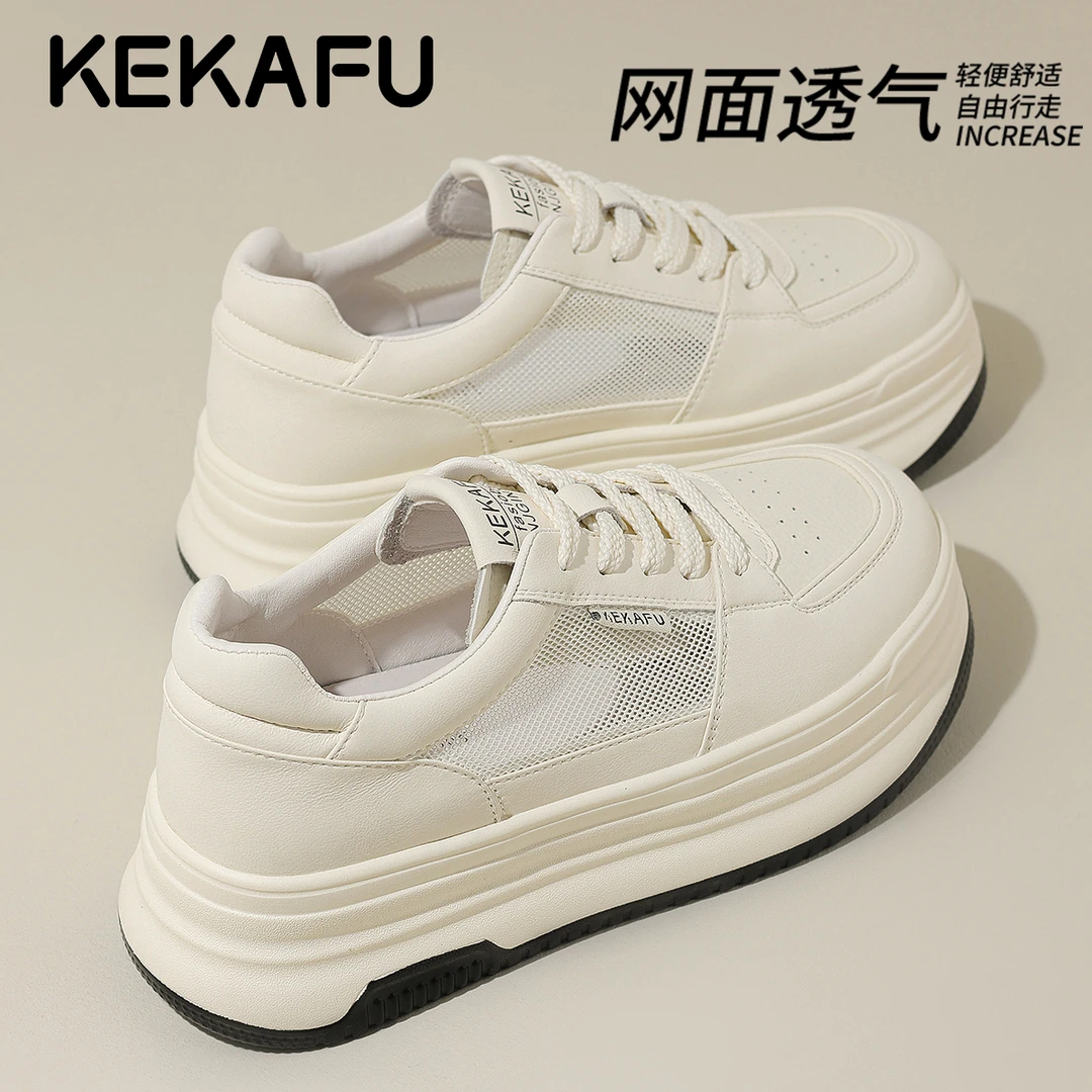 珂卡芙薄款厚底白色休闲板鞋网面透气女鞋2025秋季新款增高运动鞋